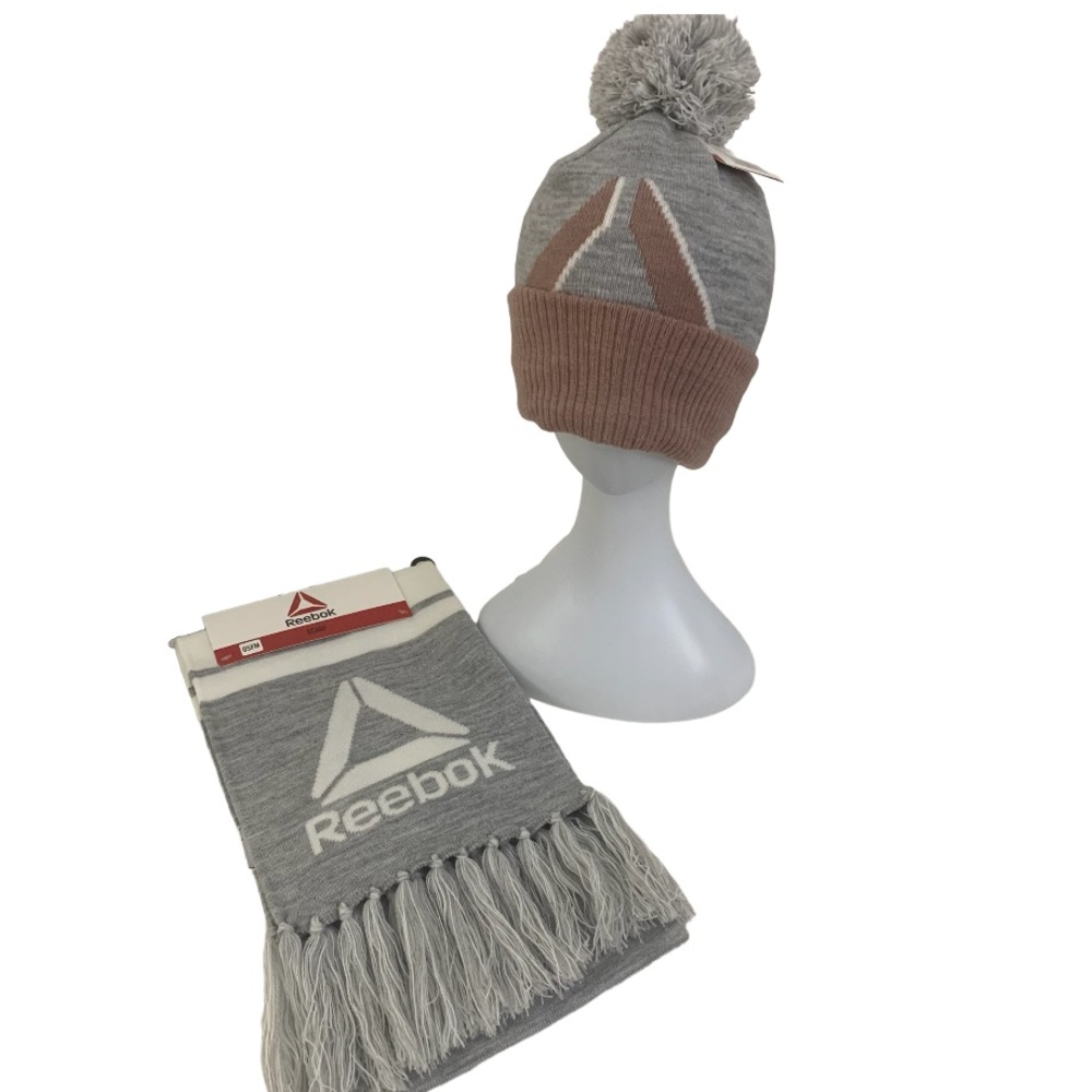 NWT Reebok 2-Piece Logo Set Knit Fringe Scarf and Pom Pom Beanie Gray Mauve